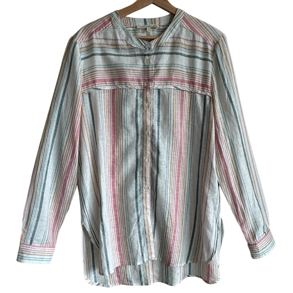 C&C California Linen Blend Striped Button Down Tunic Shirt Resort-wear Sz M